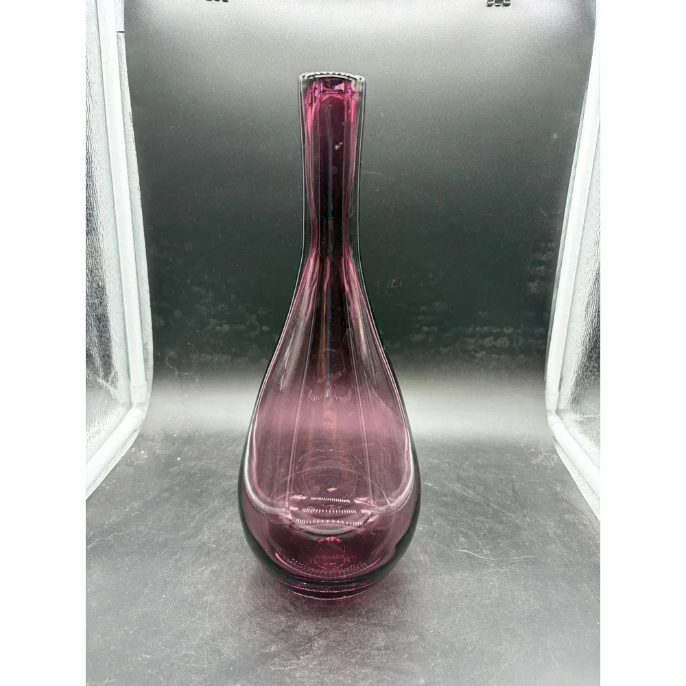 Vntg Amethyst Purple Art Glass Vase Mid Century Modern Teardrop Bud Vase 11.5